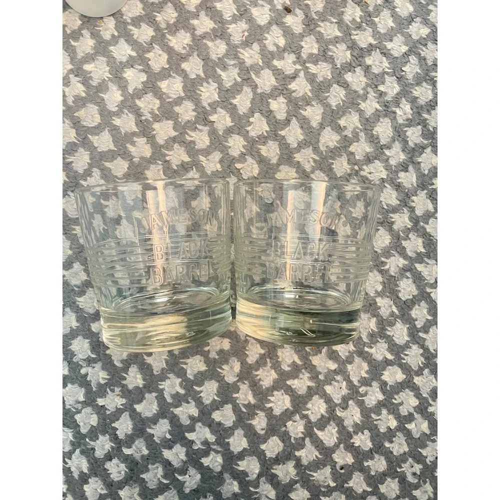 Jameson Black Barrel Whiskey Glasses Set of 2 Embossed Rocks Glass Lowball 3.5in